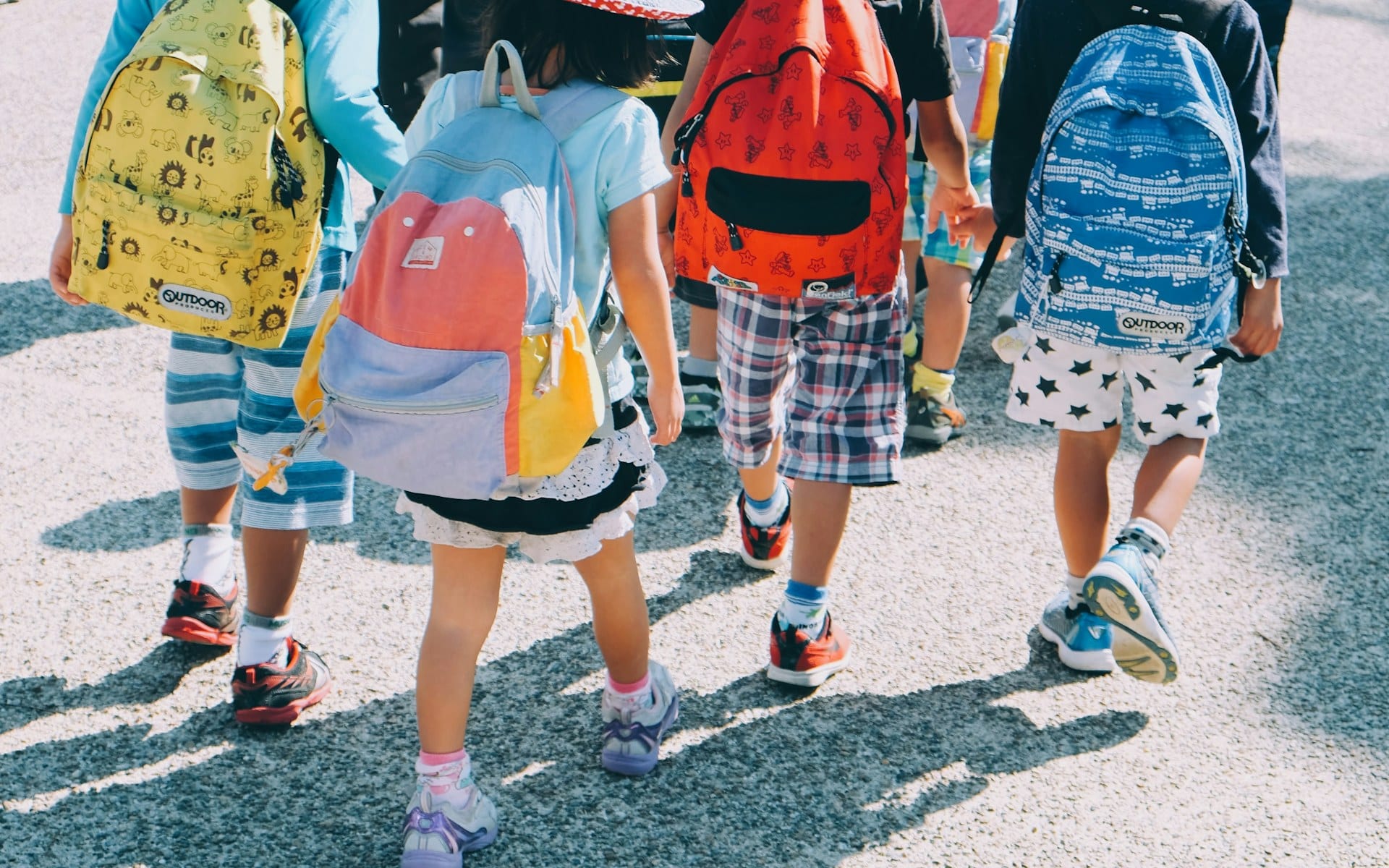 Des enfants munis de sacs à dos marchent ensemble sur un chemin