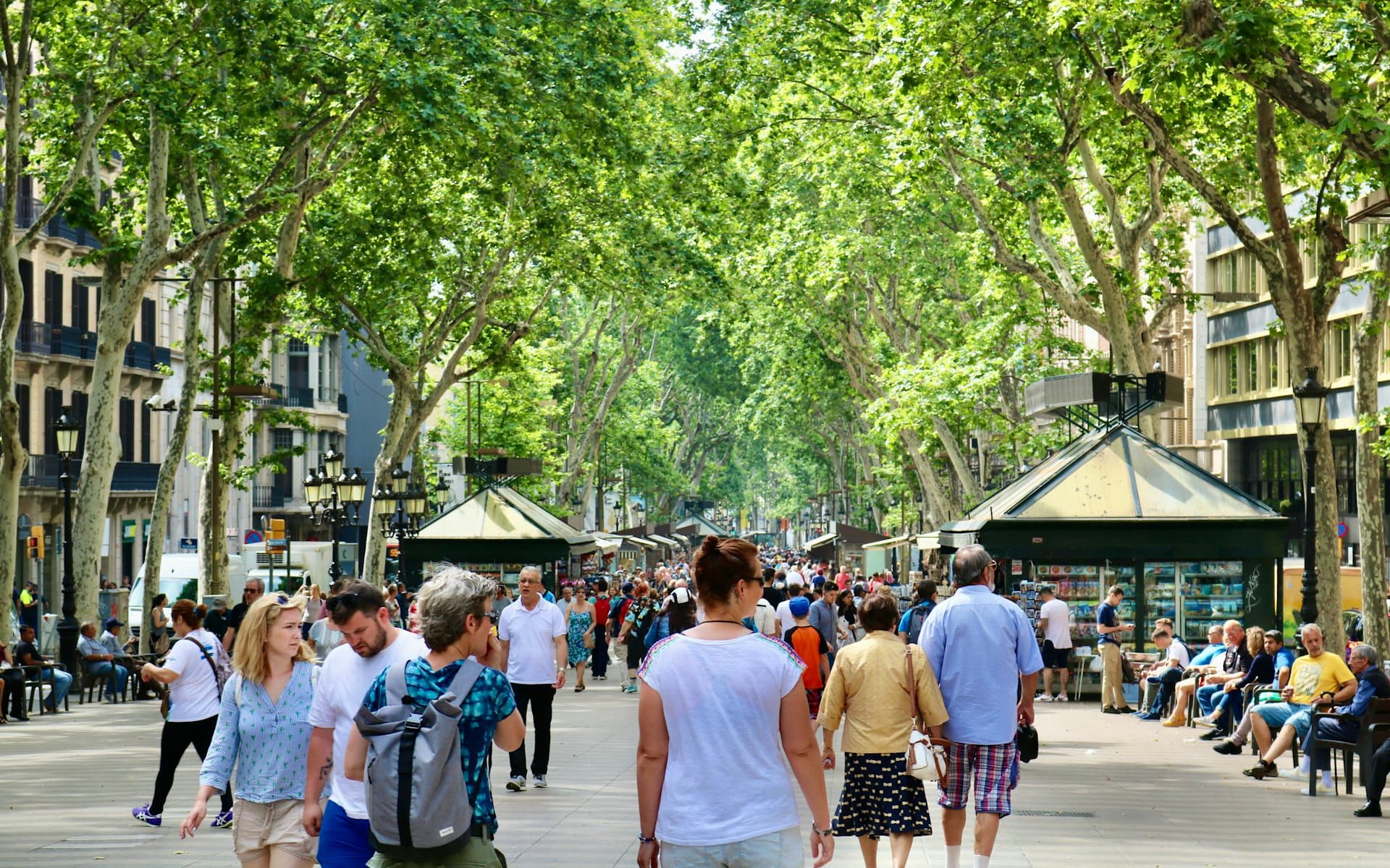 Des voyageurs marchent sur les Ramblas arborées à Barcelone