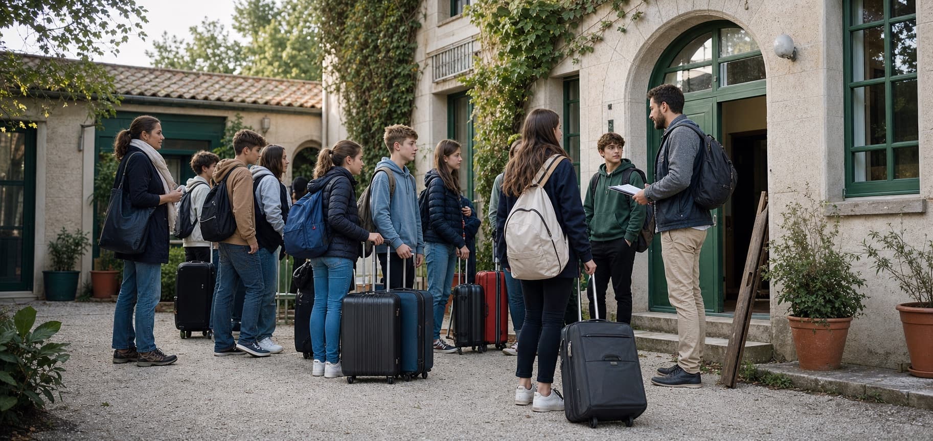A school group and accompanying teachers arriving at European accommodation